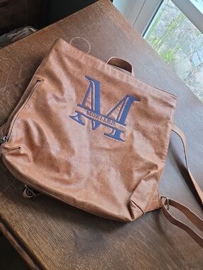 Thirty-One Brown Faux Leather Crossbody Backpack ☆ Moeller Embroidered on Front